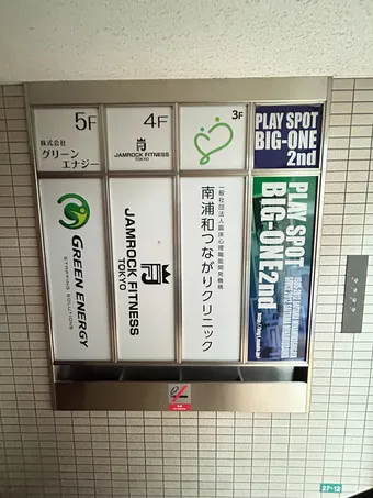 JAMROCK FITNESS南浦和店が入るビルのフロア案内板(4階表示)